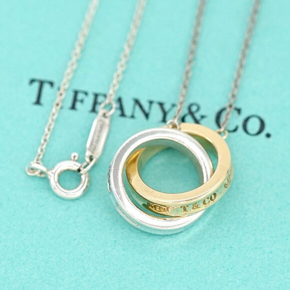 Tiffany & Co. 1837 Interlocking Circle Necklace 16" SV925 & 18K Yellow Gold Auth
